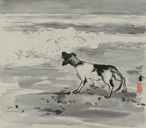 田辺至画「波に吠える犬」（「波」挿絵原画）